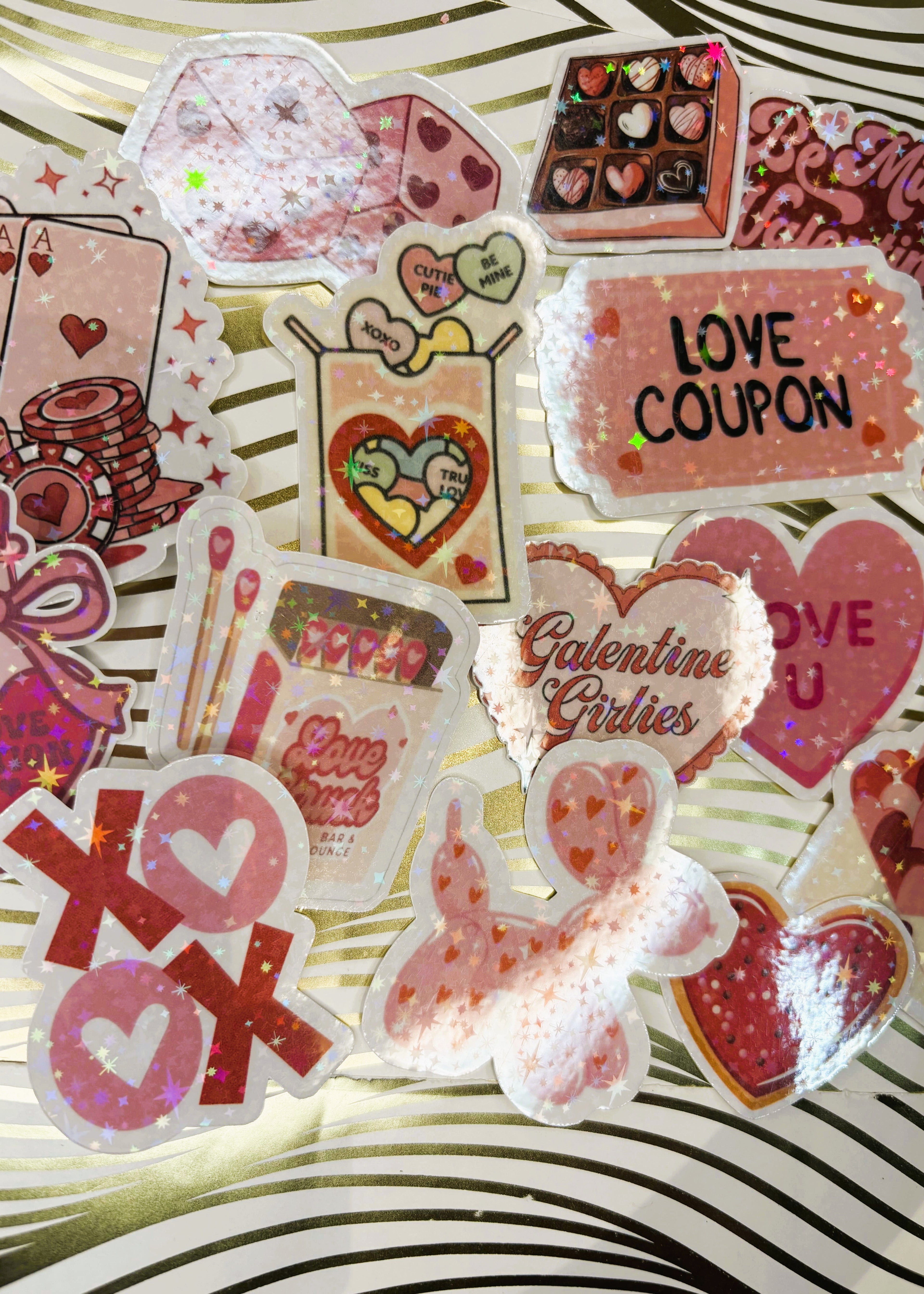 Valentines day themed holographic stickers