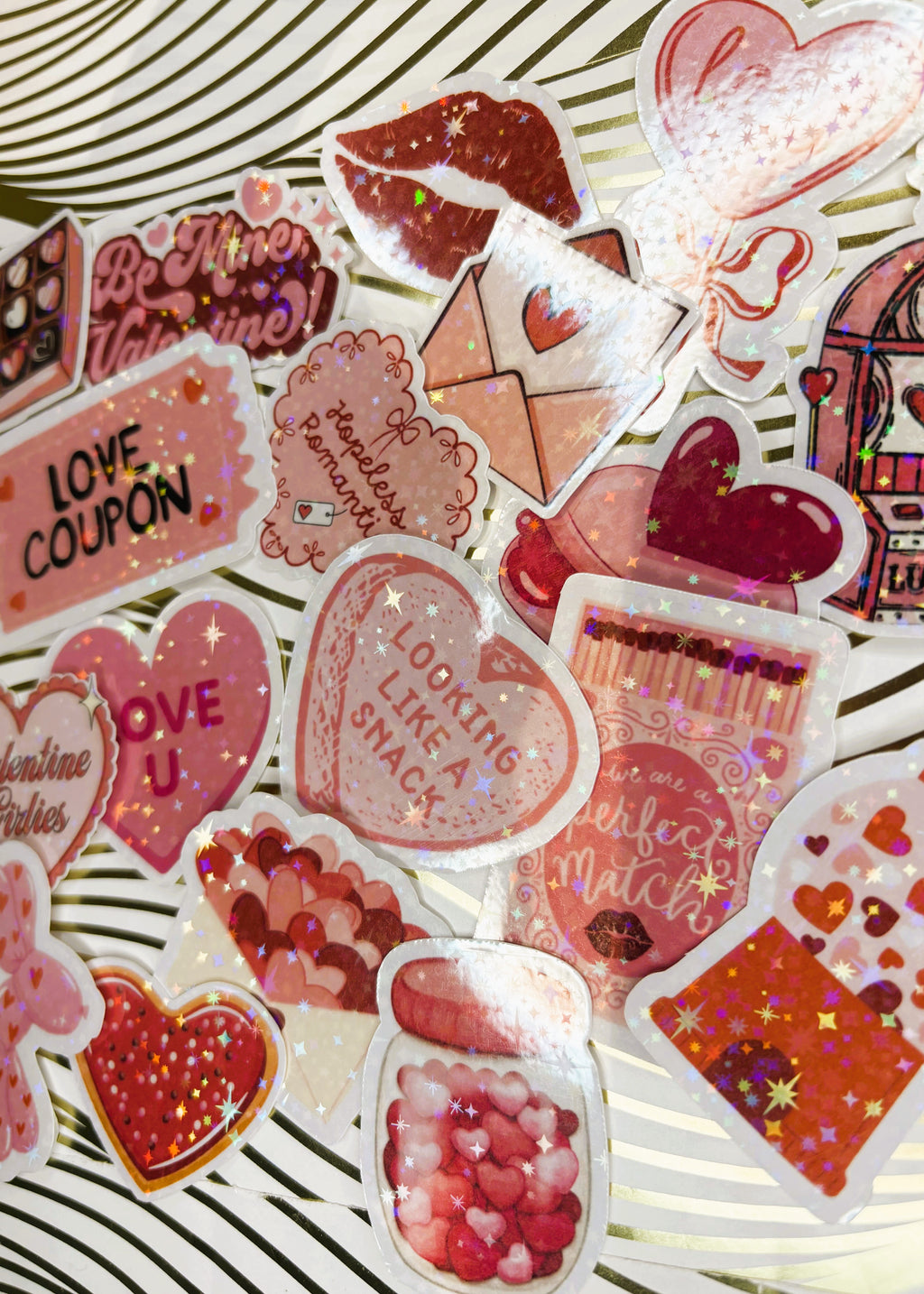 Valentines day themed holographic stickers