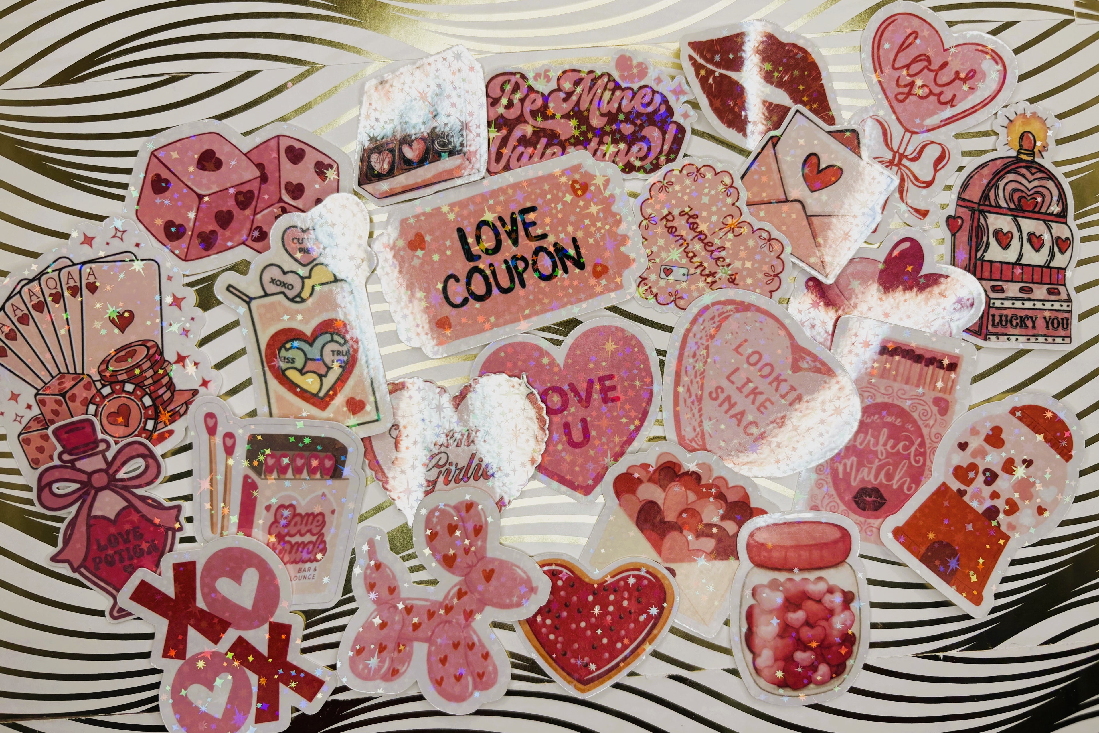 Valentines day themed holographic stickers